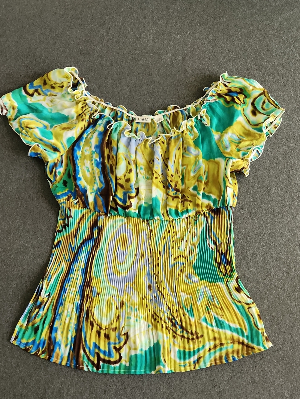 Cato Women's Yellow Green Blue Abstract Smocked Waist Peplum Top Size Medium